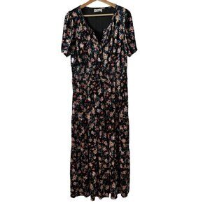 Natural Life Sz L Floral Velveteen Maxi Dress Tiered Short Sleeve Pull Over Long